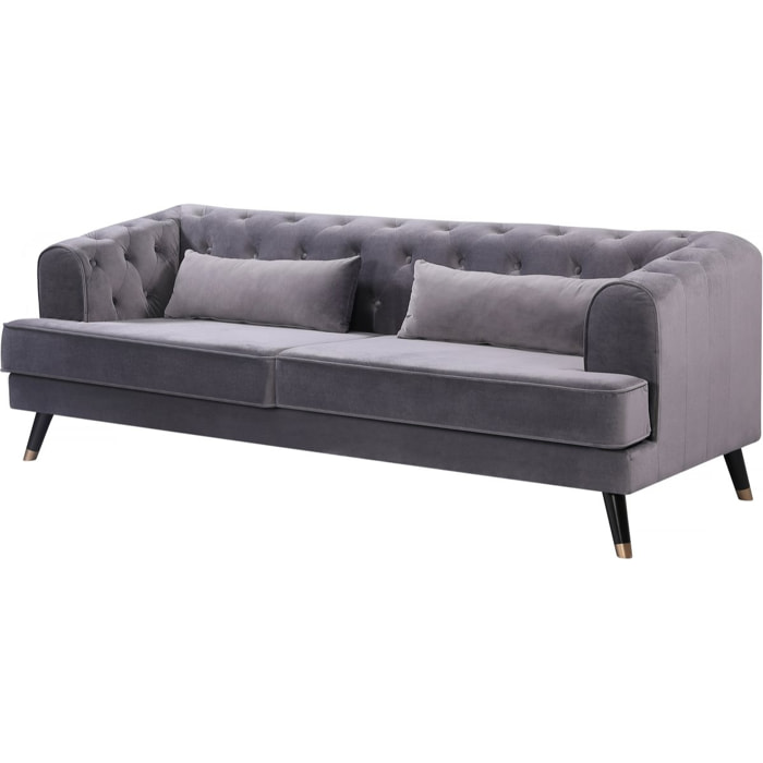 Canapé fixe en velours "Gloria" - 216 x 86 x 76 cm - 3 places - Gris