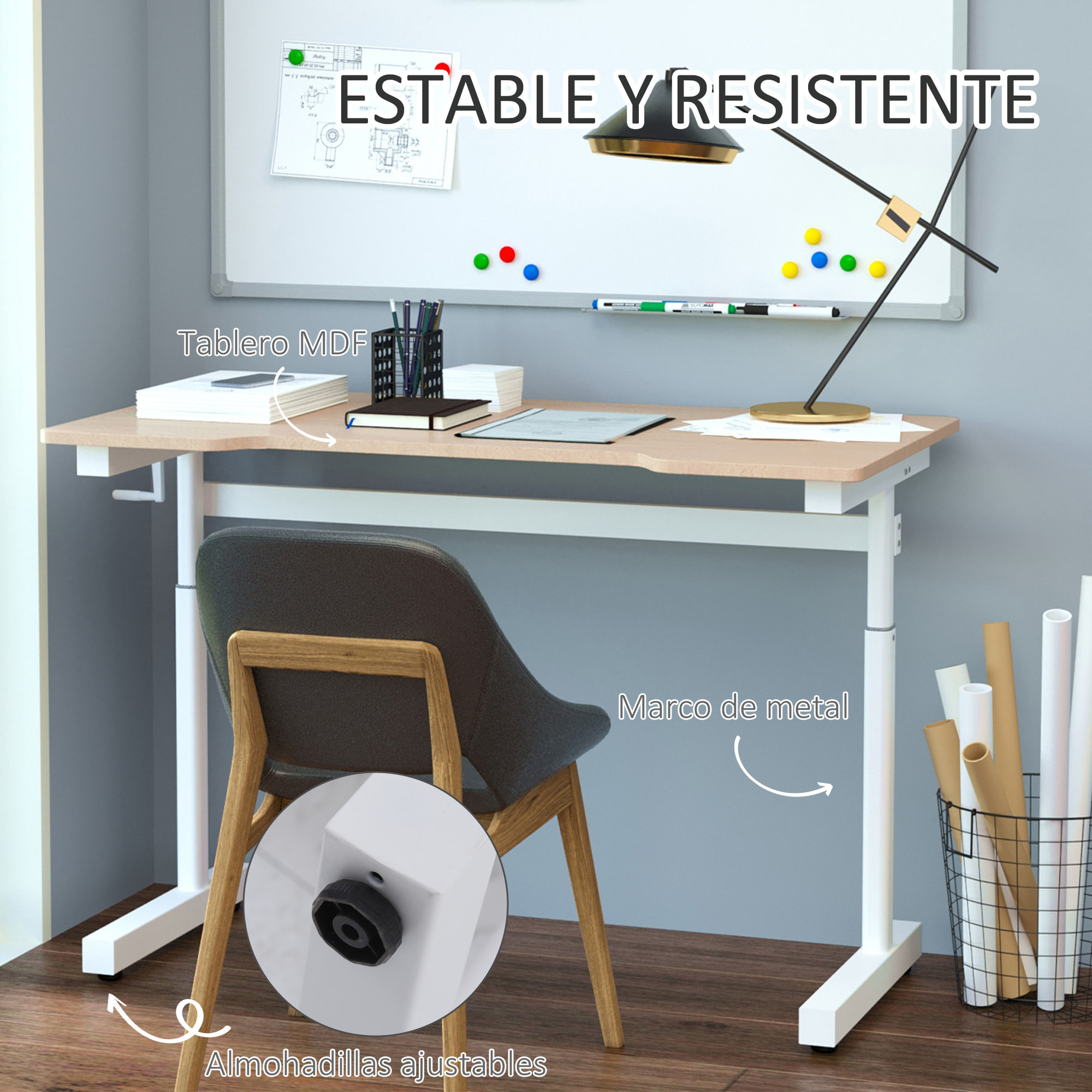 Escritorio de Pie 120x60x72-117 cm con Altura Ajustable Manual con Manivela Mesa para Ordenador para Oficina Estudio Salón Estilo Racing Carga 150 kg Natural