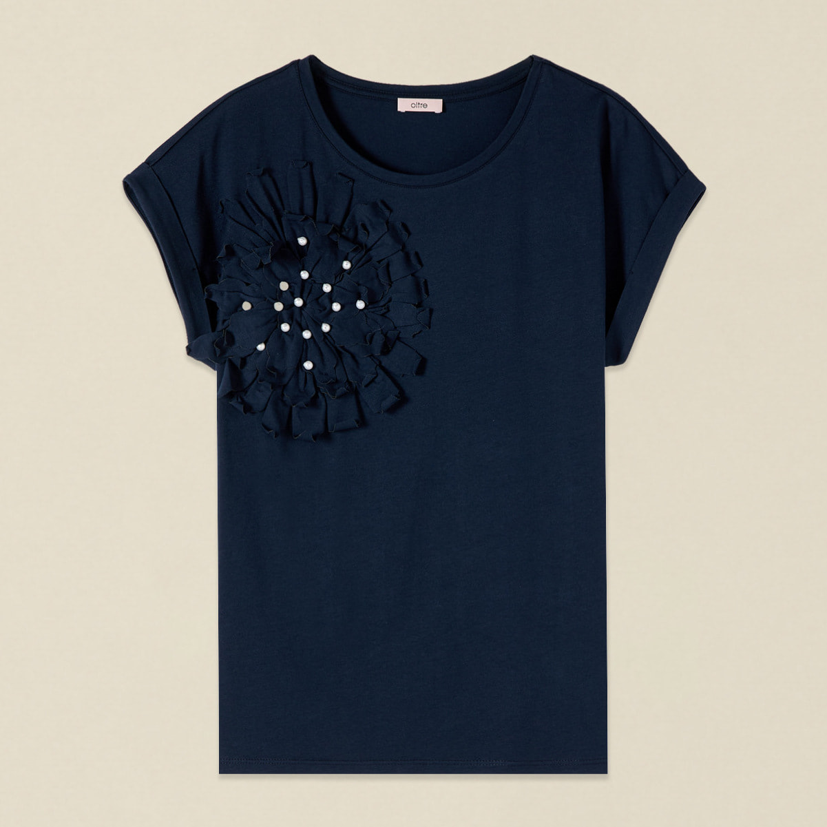 Oltre - T-shirt con applicazione e perle - Blu