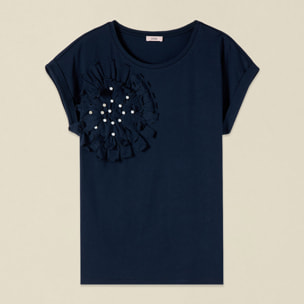 Oltre - T-shirt con applicazione e perle - Blu