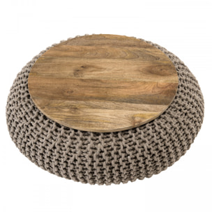 IRENE - Table d'appoint ronde 80x80cm plateau bois Manguier et coton Macassar gris