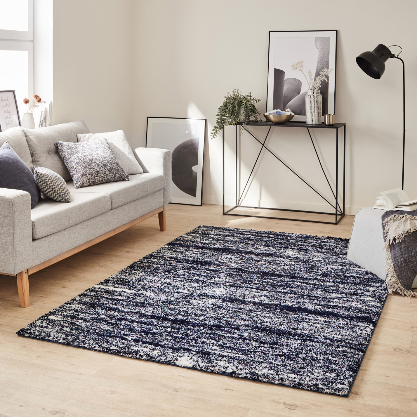 Oslo - tapis salon à poils longs abstrait bleu