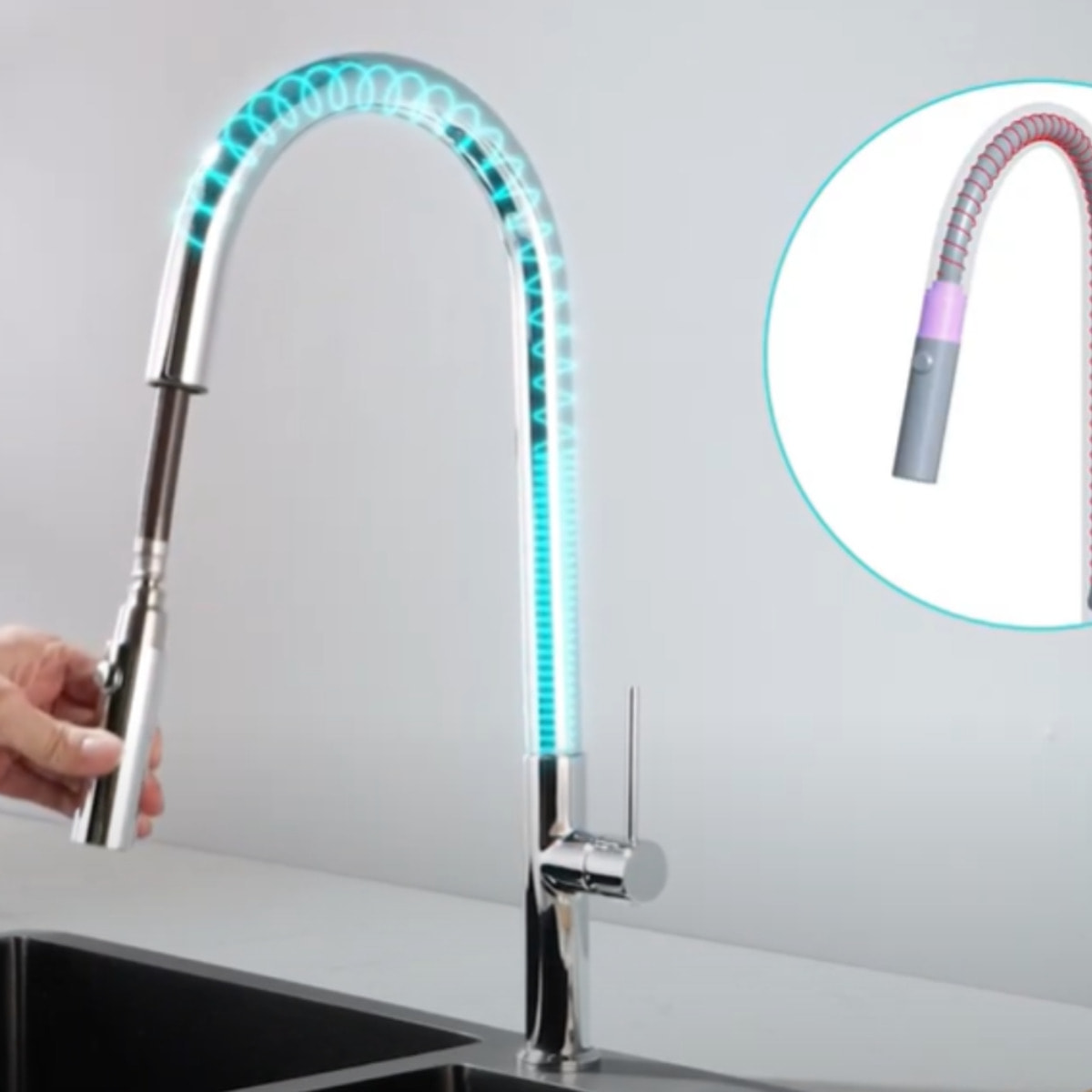 Mitigeur monocommande avec douchette extractible et bras pivotant, 2 jets, Aspect acier inox