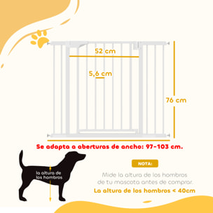 Barrera de Seguridad para Niños y Perros, Extensible 76-103 cm, Puerta para Perros, Bloqueo Doble, Cierre Automático, Apertura Dos Sentidos, Montaje a Presión, 2 Extensiones 7/14 cm, Blanco