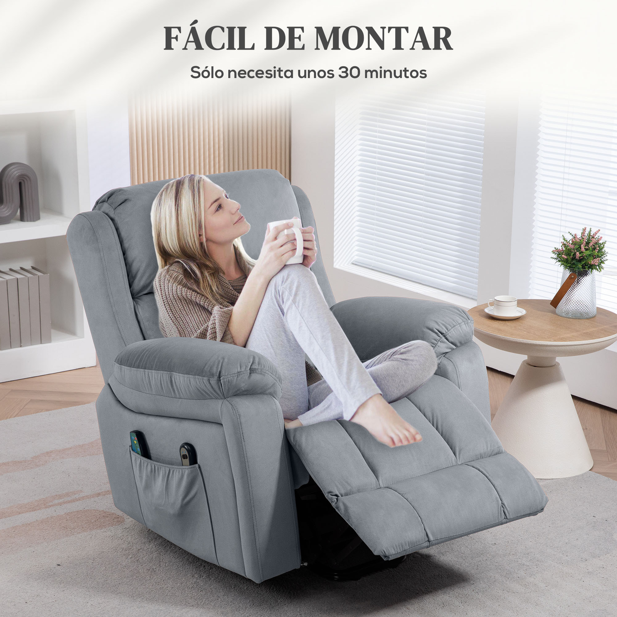 Sillón Relax Levanta Personas Eléctrico Sillón Elevador con 8 Punto de Masaje Sillón Eléctrico Reclinable con Función de Calentamiento Mando a Distancia y Bolsillo Lateral Gris