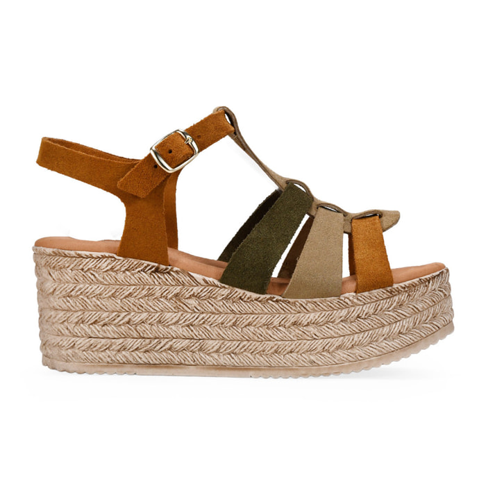 Sandalias de cuña marrones en piel de serraje