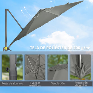 Sombrilla de Jardín Ø300x250 cm Parasol Excéntrico de Aluminio con Manivela Toldo Inclinable Giratorio 360° con Pedal y Base Cruzada para Patio Terraza Gris