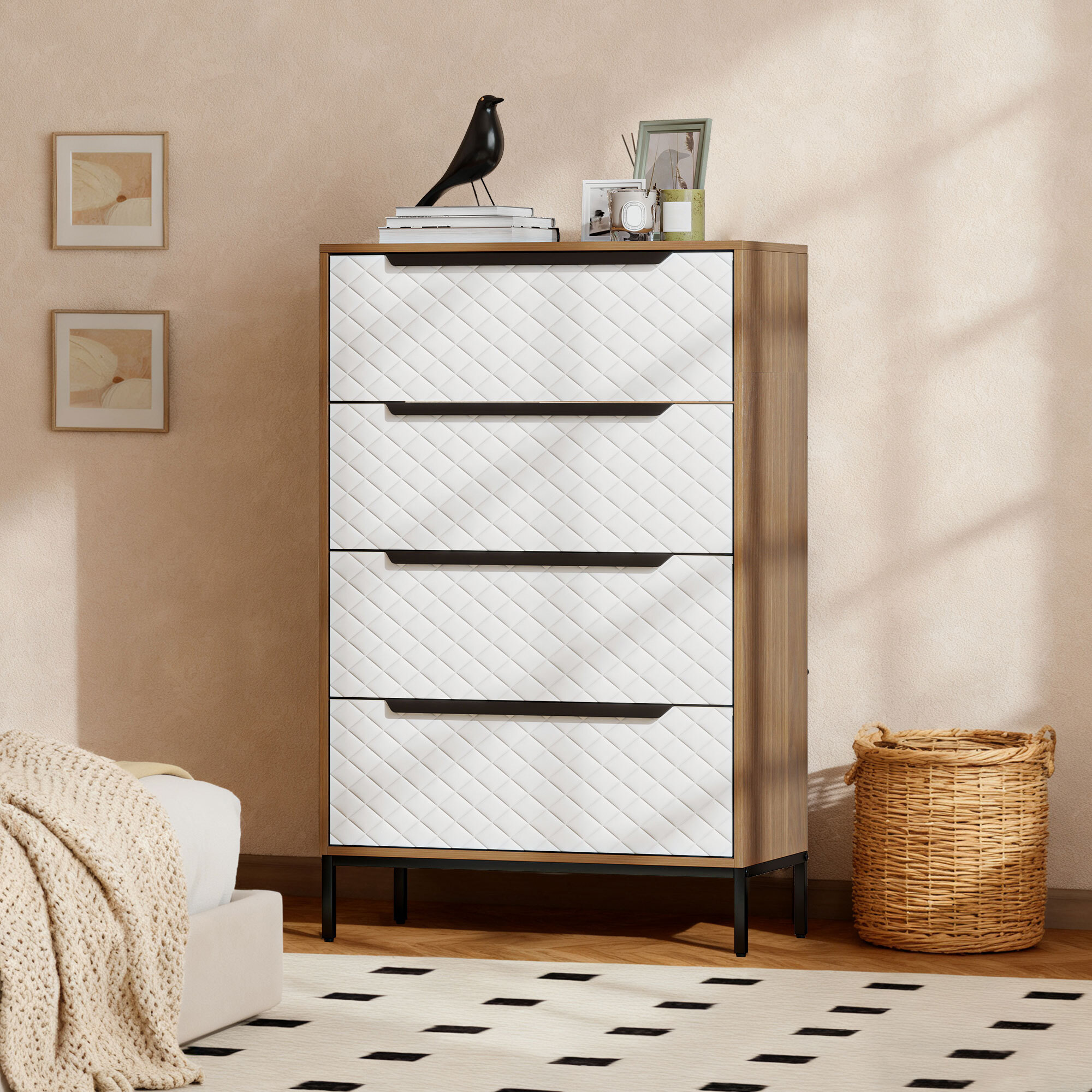 Cómoda con 4 Cajones de Tela, Cómoda para Dormitorio, Frentes con Patrón de Diamante, Cajonera para Salón, Oficina, Vestidor, Natural y Blanco