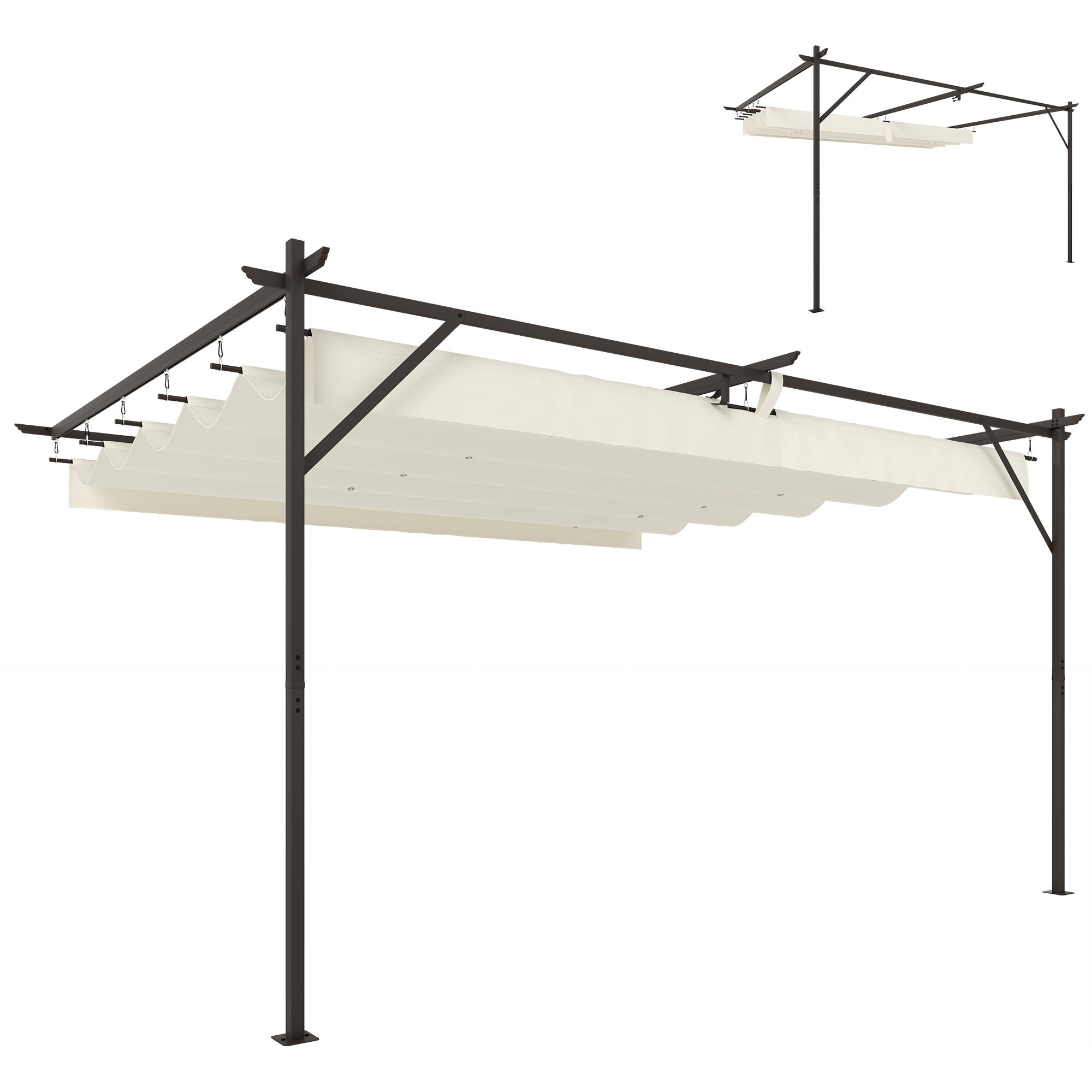 Pérgola de Pared de Jardín 4x3 m, Cenador de Jardín con Techo Retráctil, Protección UPF30+, Orificios de Drenaje y Estructura Metálica, Pabellón para Patio, Terraza, Exterior, Blanco Crema