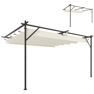 Pérgola de Pared de Jardín 4x3 m, Cenador de Jardín con Techo Retráctil, Protección UPF30+, Orificios de Drenaje y Estructura Metálica, Pabellón para Patio, Terraza, Exterior, Blanco Crema