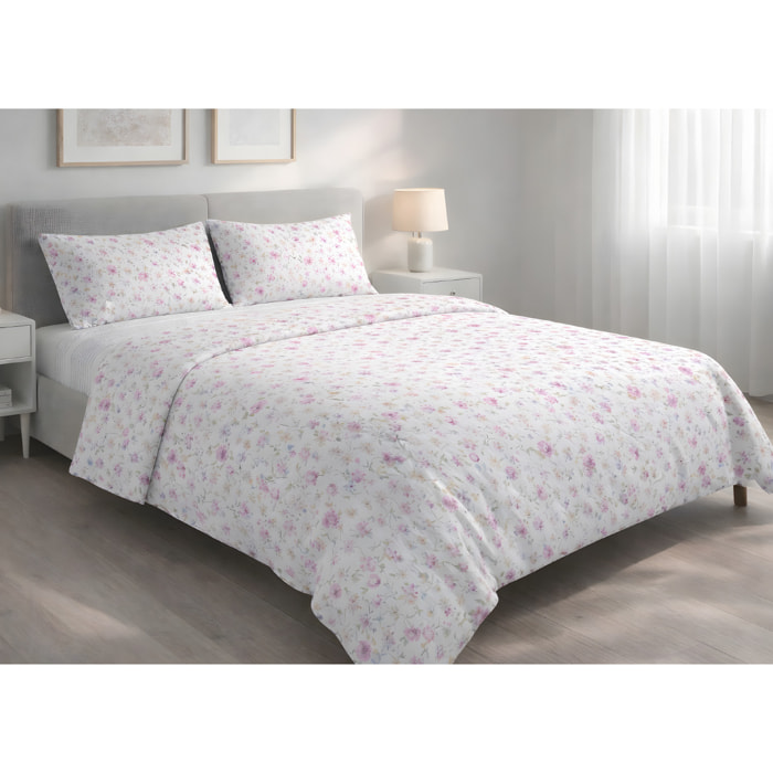 Parure Copripiumino 100% Cotone Made In Italy Fantasia Floreale Disegno Primavera Rosa