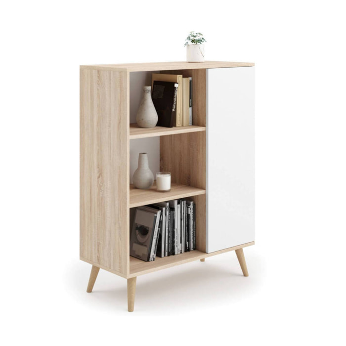 Credenza a 1 anta e 2 ripiani, Buffet con piedini, Madia da soggiorno in stile scandi, Libreria con scaffali, cm 40x90h116, colore Bianco e Rovere