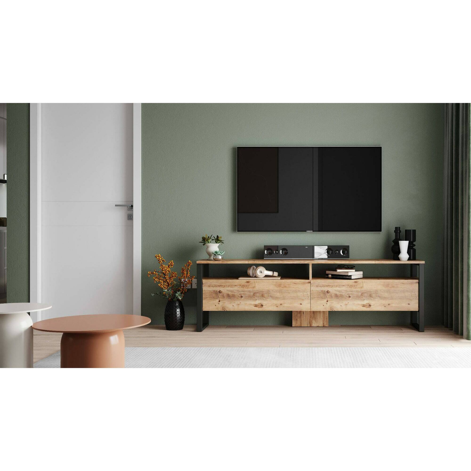 Mobile porta TV Khartum, Credenza da soggiorno, Armadio basso per TV, Base parete attrezzata, 180x36h56 cm, Quercia