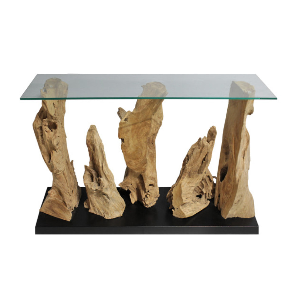 Console en bois massif de teck et plateau en verre trempé L120cm - OPROK