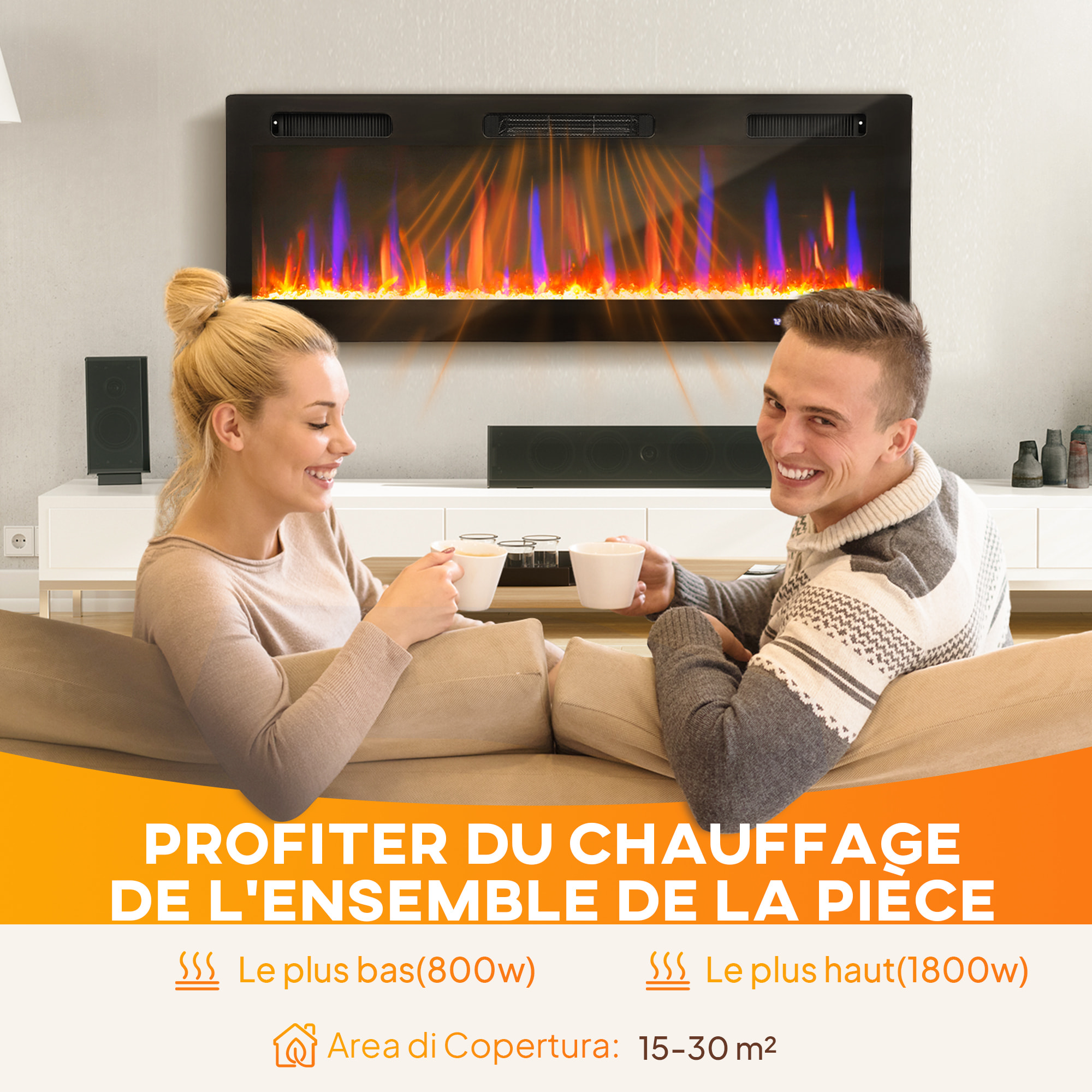 Cheminée électrique mural ou encastrable 900W/1800W nombreux effets réglables thermostat télécommande mode éco
