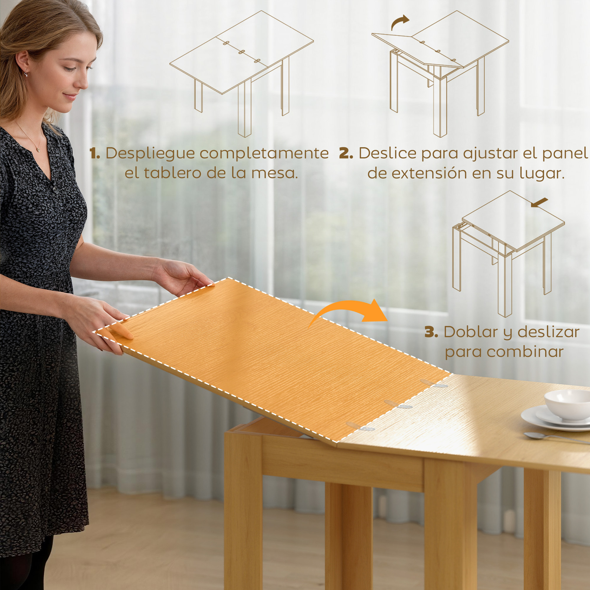 Mesa de Comedor Extensible, 70-140x80 cm, Mesa de Cocina Extensible, para 4-6 Personas, con Almohadillas de Fieltro, para Espacios Pequeños, Salón, Madera Natural
