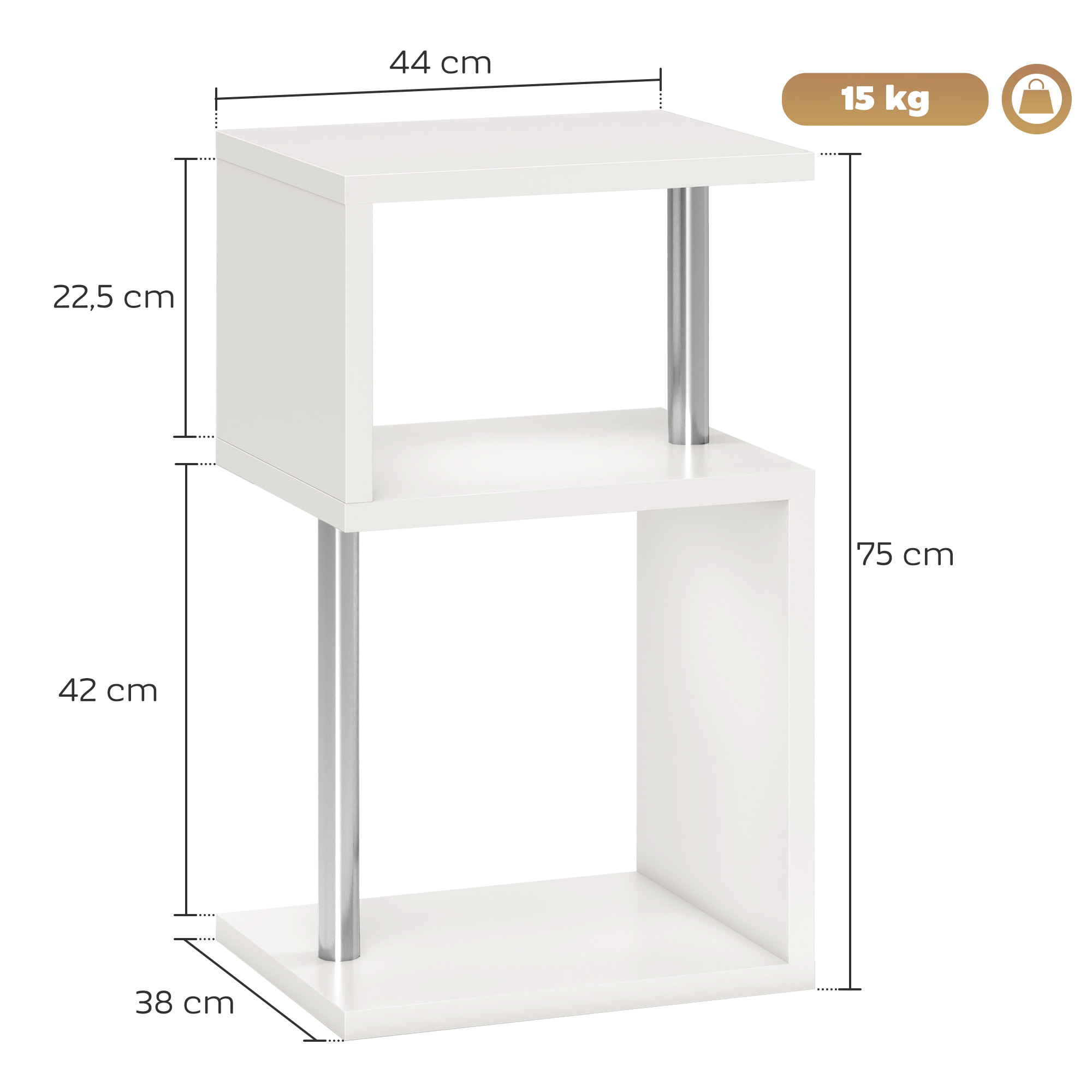 Mesa Auxiliar con Luz LED de 3 Niveles Mesita Auxiliar Moderno con Forma de S Estantes Abiertos y Estructura de Aluminio para Salón Dormitorio 44x38x75 cm Blanco Brillo