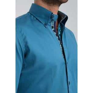 Camicia Uomo 2 Bottoni Button Down Slim Satin Unito Verde Ottanio