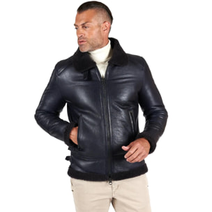 Montone blu Shearling biker uomo collo camicia con fibbia