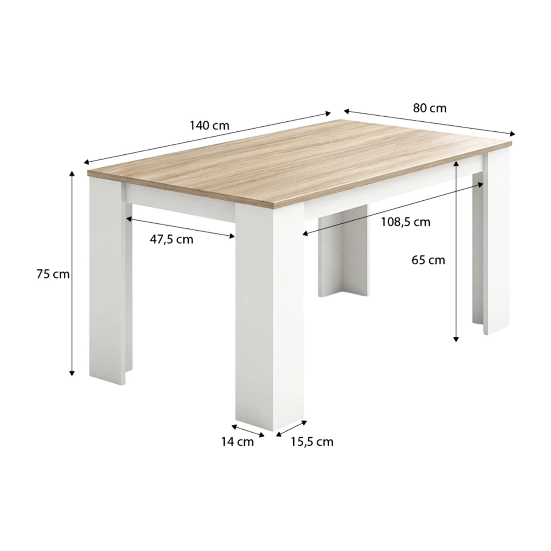Mesa de comedor fija en blanco artik y roble canadian 140X80 cm Naya Blanco Artik (Blanco Mate) - Roble Canadian