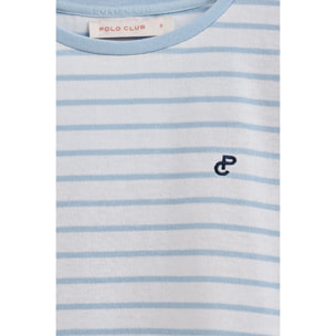 Maglietta a righe blu chiaro e beige con monogramma ricamato