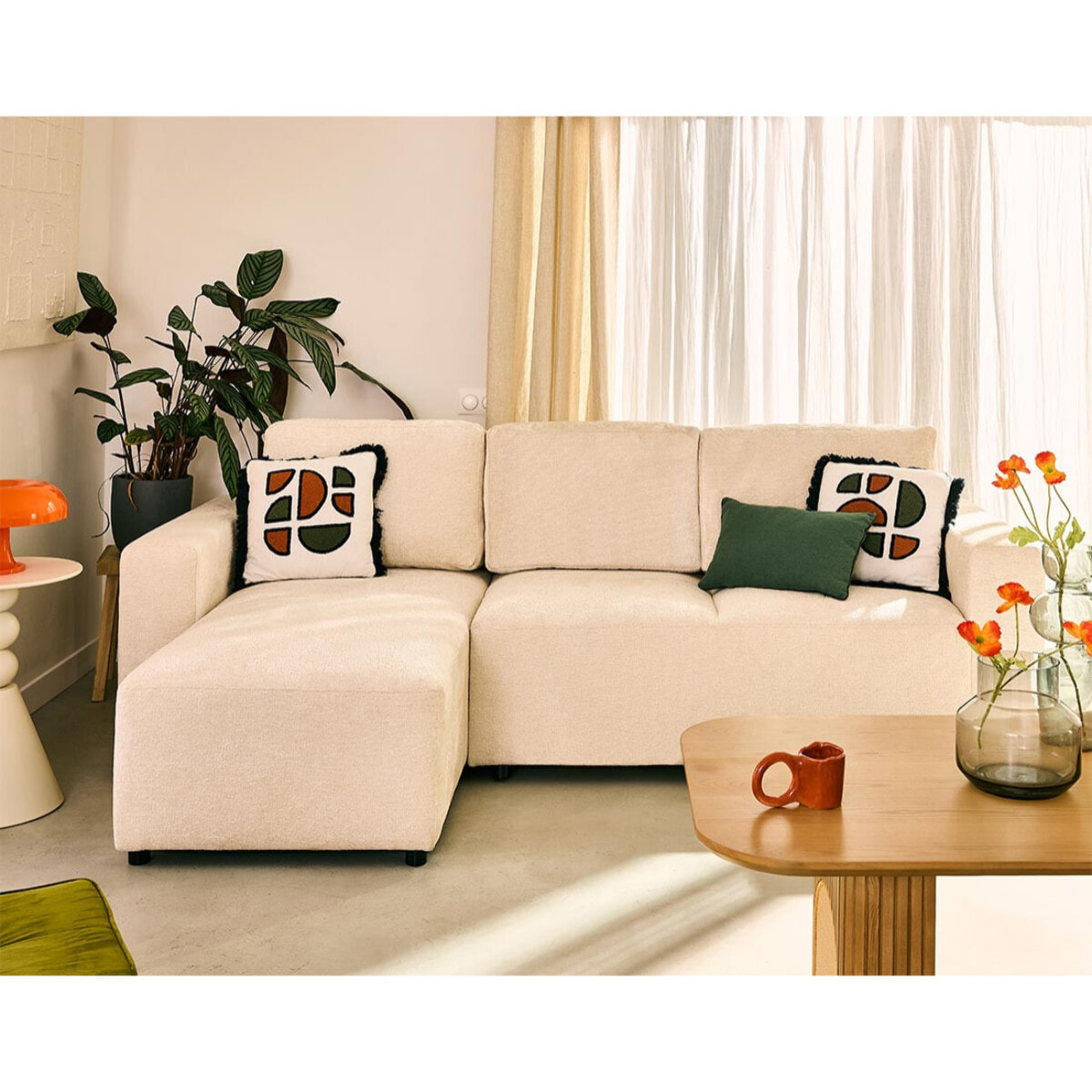 Livy - canapé d'angle réversible 4 places convertible avec coffre en velours texturé - Beige