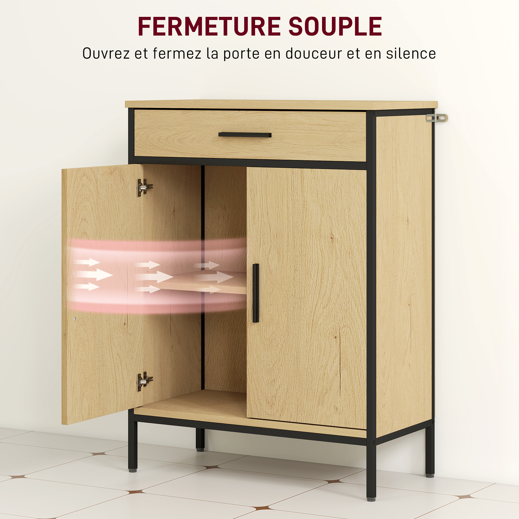 Meuble bas de salle de bain métal bois style industriel - buffet 2 portes étagère tiroir - dim. 60 x 30 x 80 cm