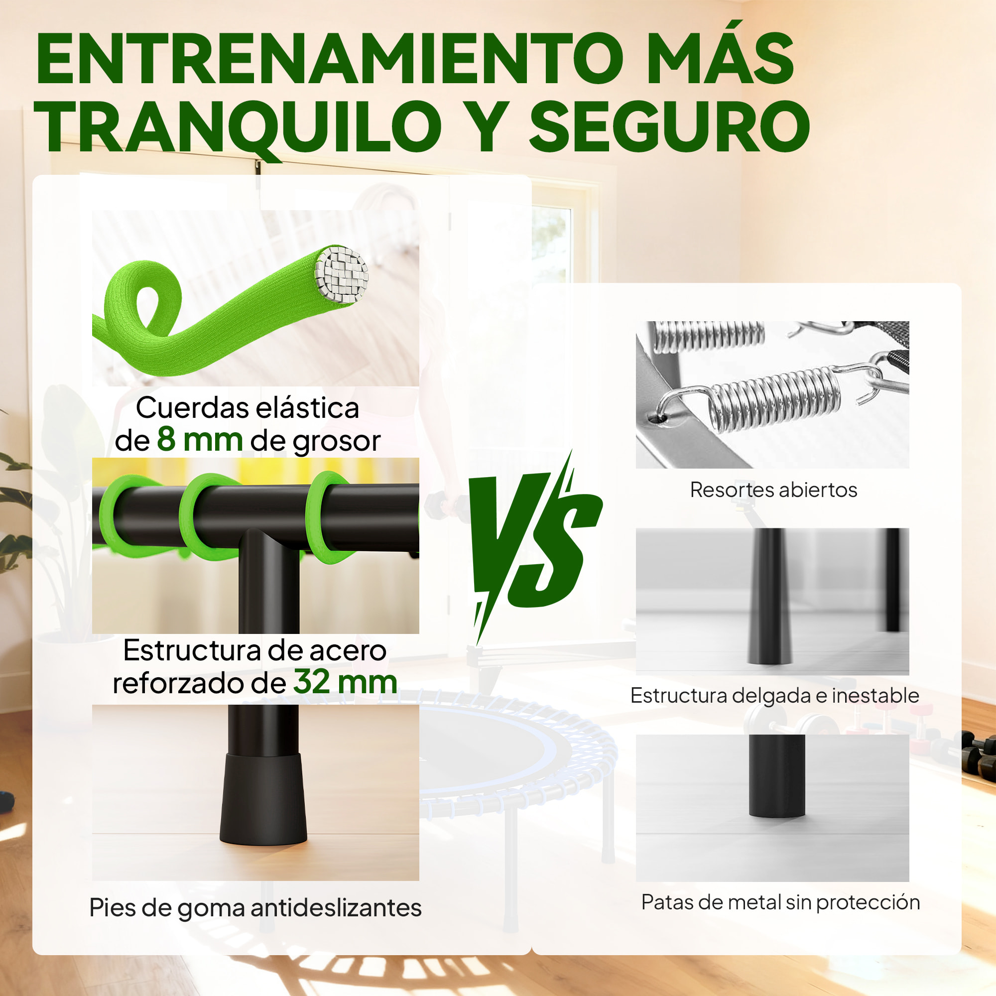 Trampolín de Fitness Adultos Ø114 cm, Cama Elástica con Marco de Acero Reforzado, para Entrenamiento Piernas, Cuerpo en Hogar, Oficina, Gimnasio, Verde y Negro