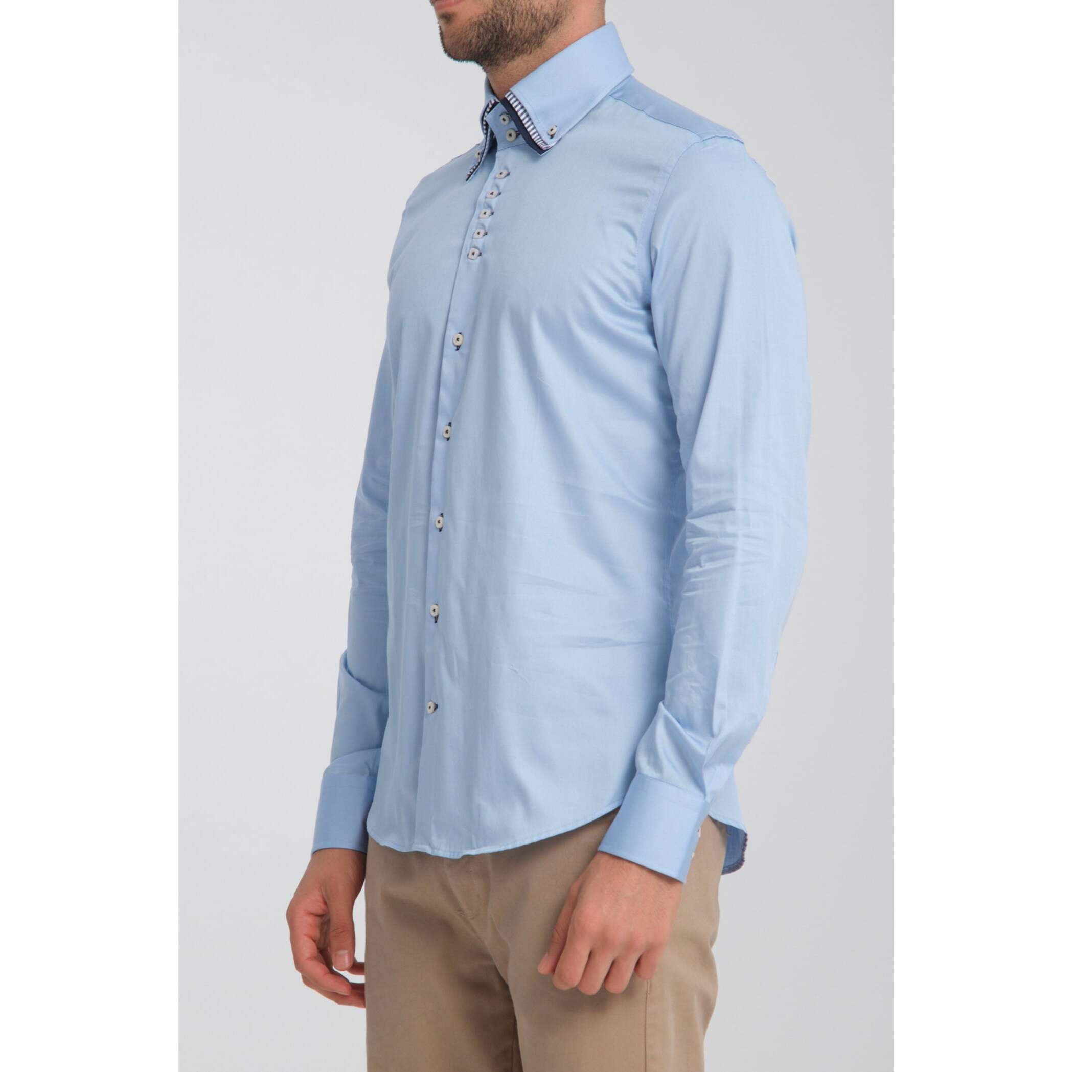 Camicia Uomo 2 Bottoni Button Down Triplo Collo Slim Satin Unito Celeste