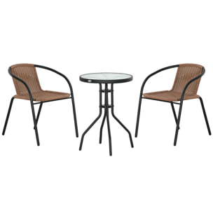 Conjunto de Mesa y 2 Sillas de Jardín Juego de 3 Piezas Sillas y Mesa de Ratán con 2 Sillas Apilables y 1 Mesa de Centro Redonda para Terraza Césped Balcón Marrón