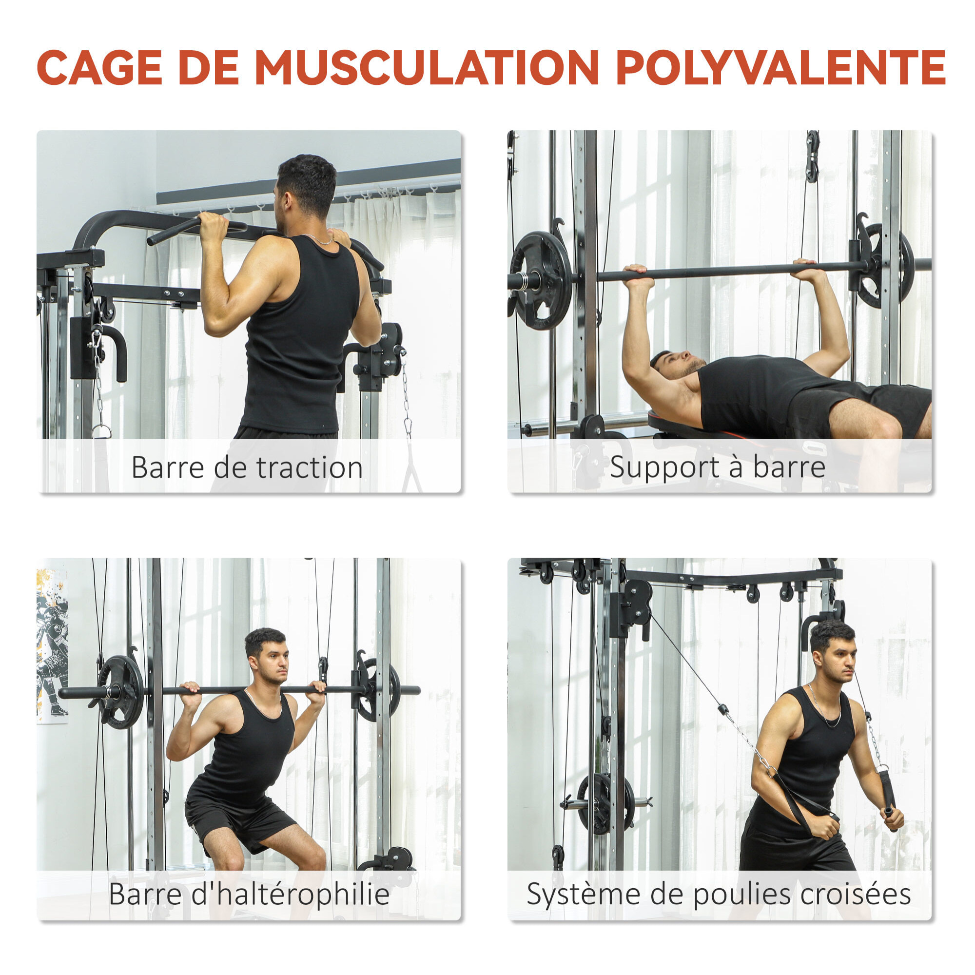 Station de musculation double polie barre de traction et barre longue musculation acier noir