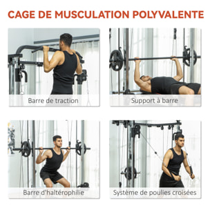Station de musculation double polie barre de traction et barre longue musculation acier noir
