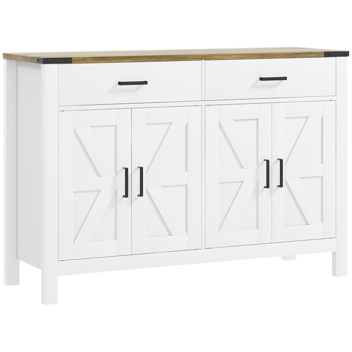 Buffet style rural chic 4 portes façades croisillons 2 étagères 2 tiroirs - dim.120 x 39,3 x 82,5 cm - métal noir effet bois blanc