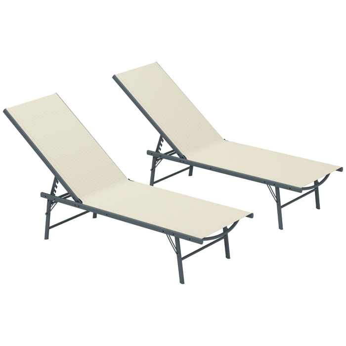 Pack de 2 Tumbonas Jardín Exterior Tumbonas Plegables Reclinables en 5 Posiciones con Estructura Metálica y Asiento de Malla Transpirable para Playa Piscina 164x54x84 cm Crema