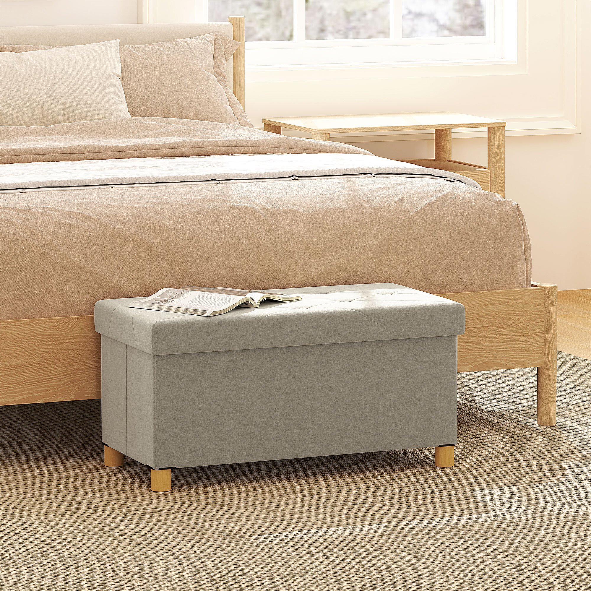 Puff Almacenaje, Banco Almacenaje Plegable, Capacidad de 67 L, 76x38x38 cm, Tapizado en Terciopelo, Baúl de Almacenamiento Dormitorio, Carga 120 kg, para Sala de Estar, Entrada, Crema