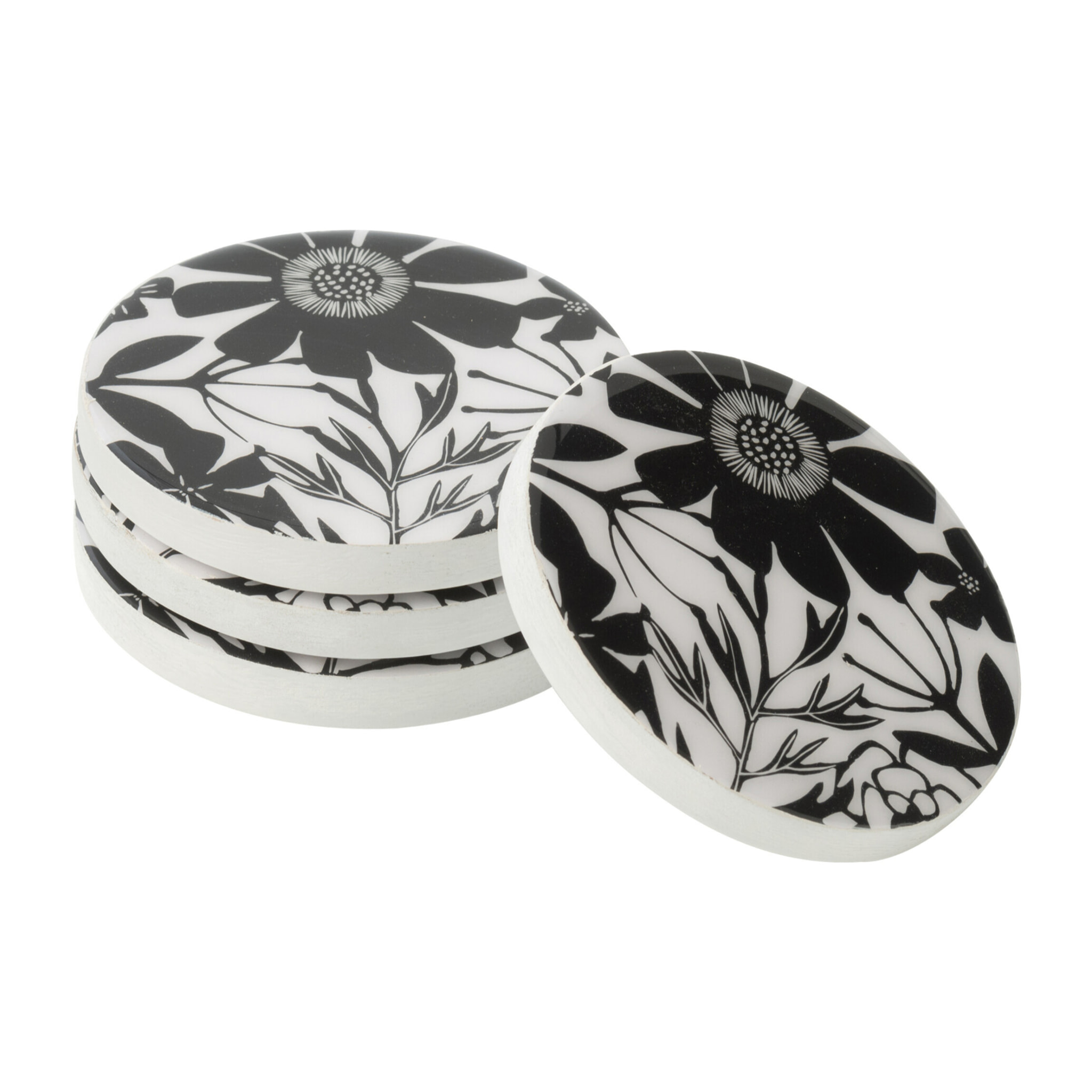 J-Line dessous de verre Fleurs - bois - noir/blanc - set de 4
