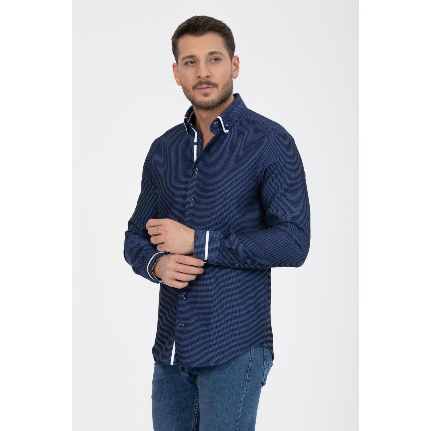 Camicia Uomo 1 Bottoni Button Down Slim Armaturato Fantasia Blu/Celeste