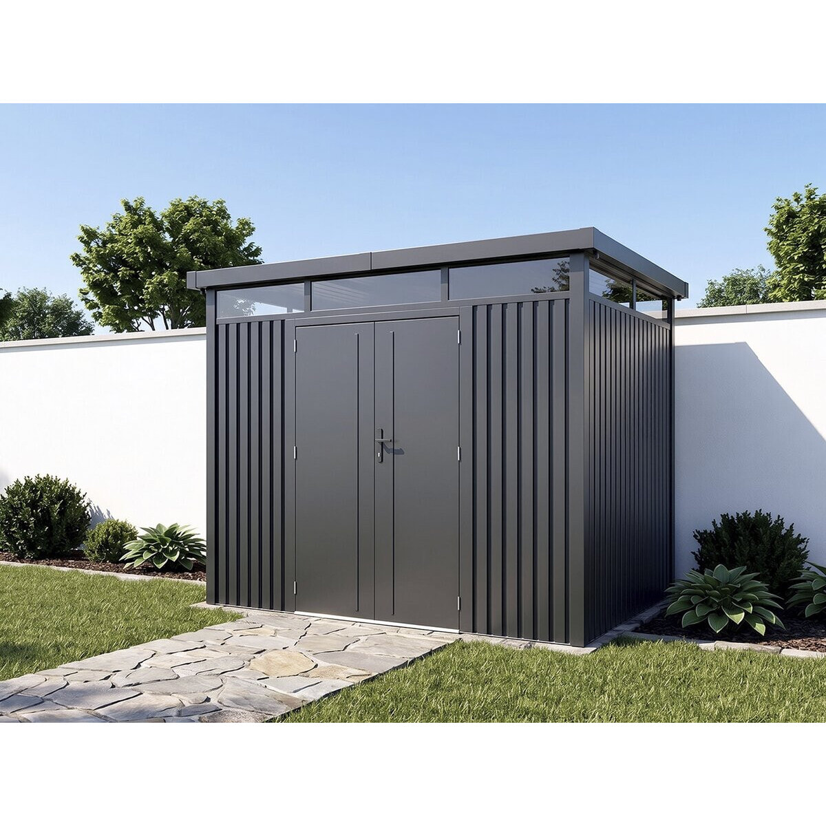 Abri de jardin métal premium avec toit plat et porte battante "Lexinton" - 6,76 m² - Gris