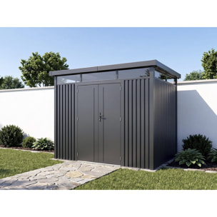 Abri de jardin métal premium avec toit plat et porte battante "Lexinton" - 6,76 m² - Gris