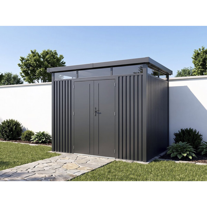 Abri de jardin métal premium avec toit plat et porte battante "Lexinton" - 6,76 m² - Gris