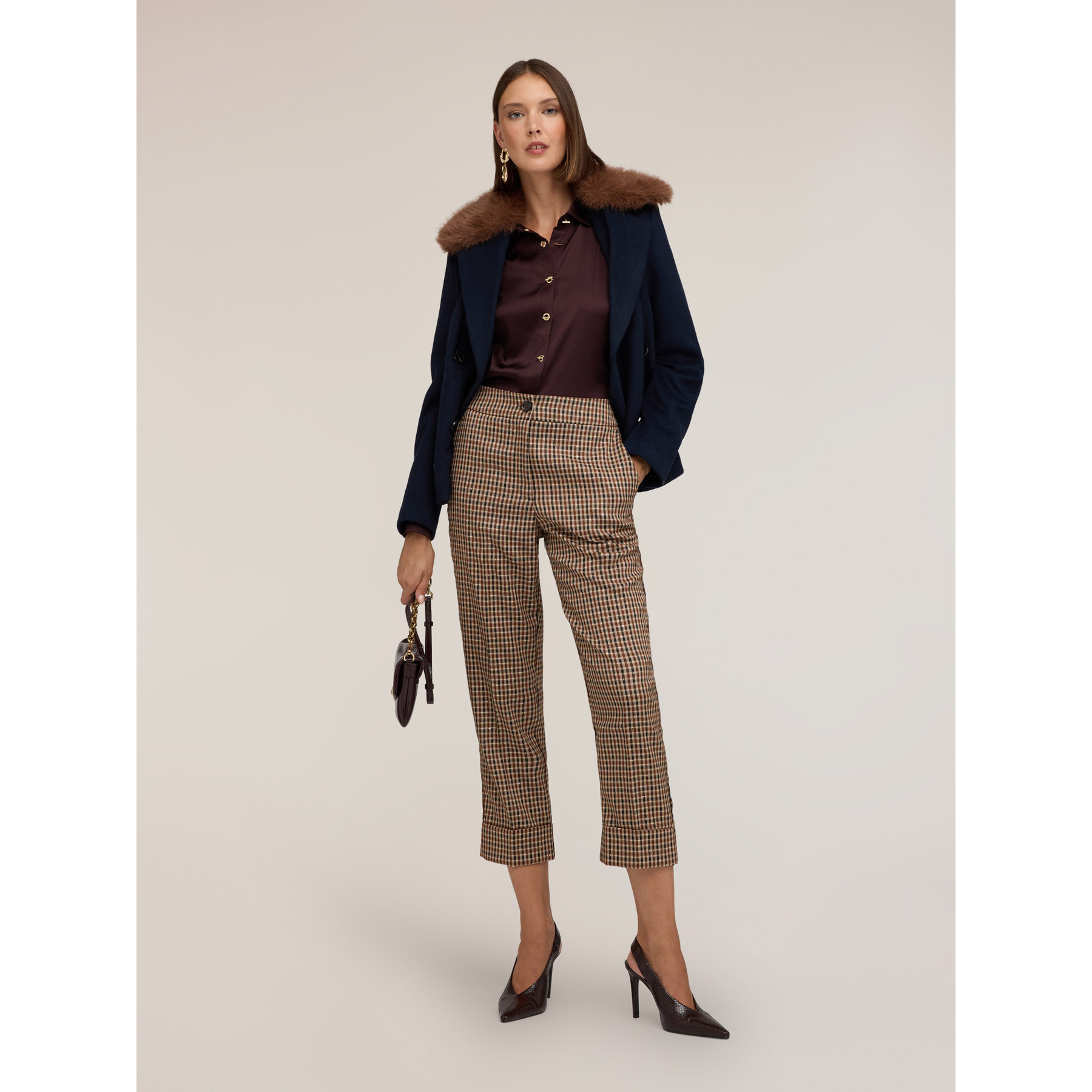 Motivi - Pantaloni cropped fantasia check lurex - Beige