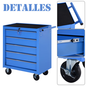 HOMCOM Carro Caja de Herramientas Taller Movil con 5 Cajones 4 Ruedas Chapa de Acero Azul