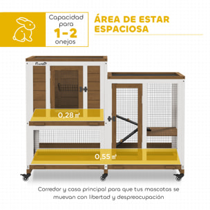 Conejera de Madera de 2 Niveles Jaula para Conejos con 6 Ruedas 2 Escaleras 3 Bandejas Extraíbles Puertas con Cerraduras y Zona Abierta Conejera para Interior 110x50x86 cm Marrón y Blanco