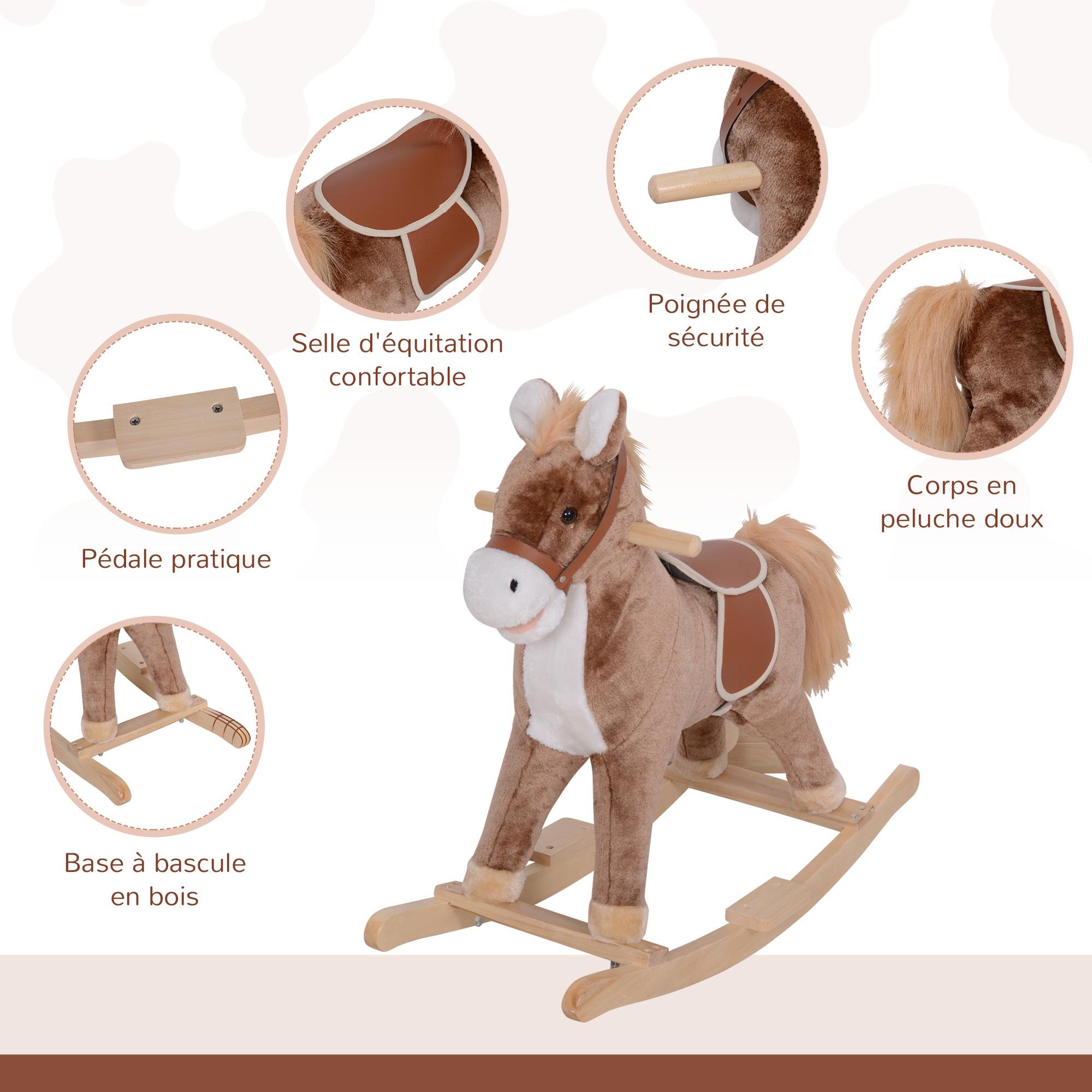 Cheval à bascule cheval de cowboy selle grand confort peluche courte douce bois peuplier marron