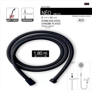 Flexible de douche inox NÉO 1,80 m – Anti-torsion – Connexion universelle F 1/2 – Certification ACS – Noir Ø 14 mm