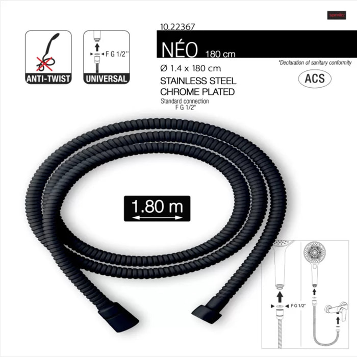 Flexible de douche inox NÉO 1,80 m – Anti-torsion – Connexion universelle F 1/2 – Certification ACS – Noir Ø 14 mm