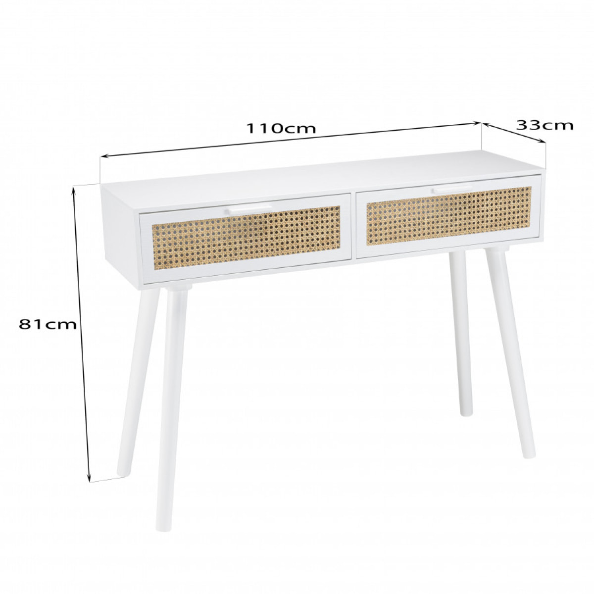 SANDRO - Console blanche 2 tiroirs cannage naturel