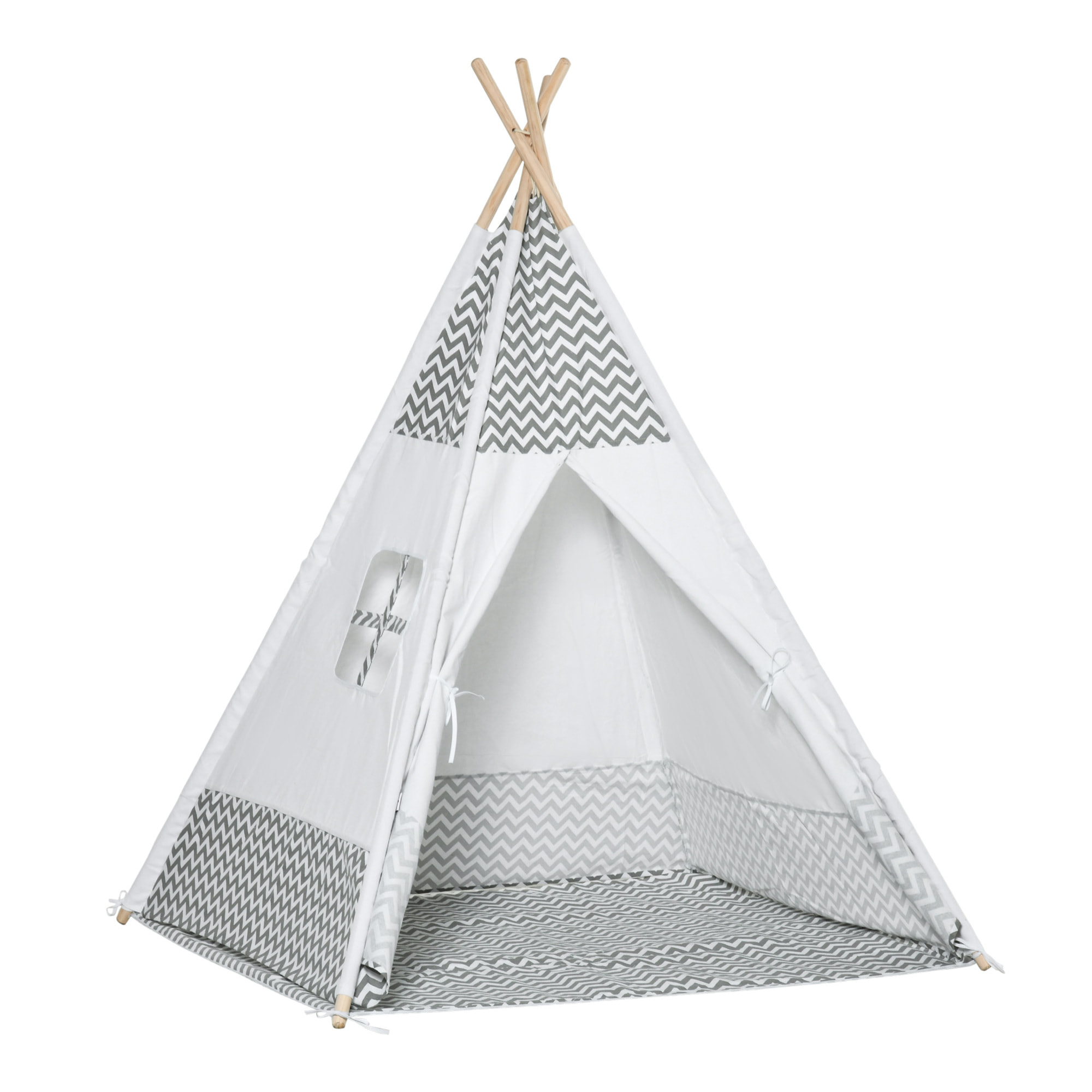 Tienda de Campaña para Niños de +3 Años Tipi Infantil de Madera Portátil con Ventana Colchoneta y Bolsa de Transporte para Interiores y Exteriores 120x120x155 cm Gris