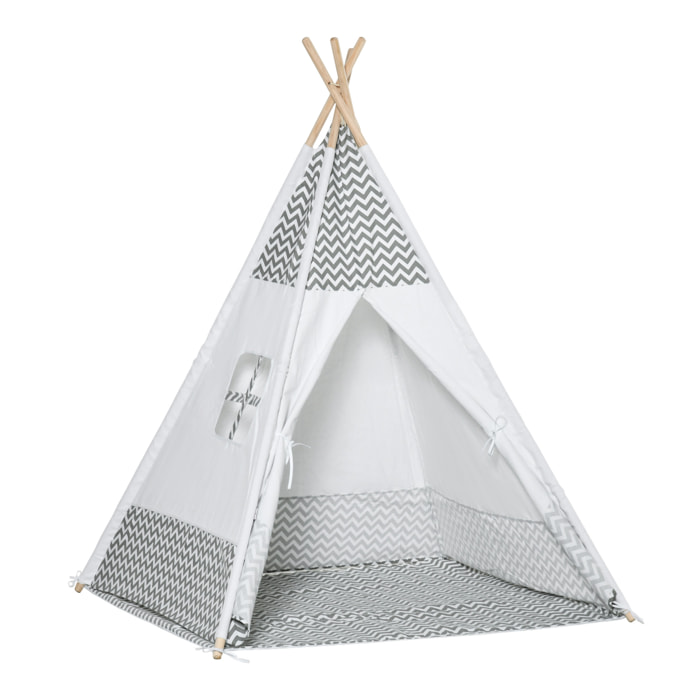 Tienda de Campaña para Niños de +3 Años Tipi Infantil de Madera Portátil con Ventana Colchoneta y Bolsa de Transporte para Interiores y Exteriores 120x120x155 cm Gris