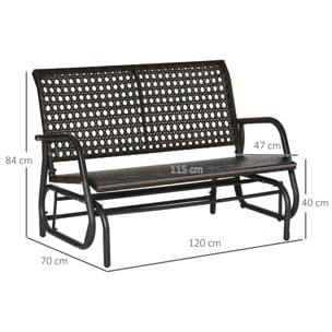 Outsunny Banco Balancín de Ratán de 2 Plazas Mecedora de Jardín con Balanceo Ergonómico y Marco de Metal para Terraza Balcón Exterior Carga 220 kg 70x120x84 cm Marrón